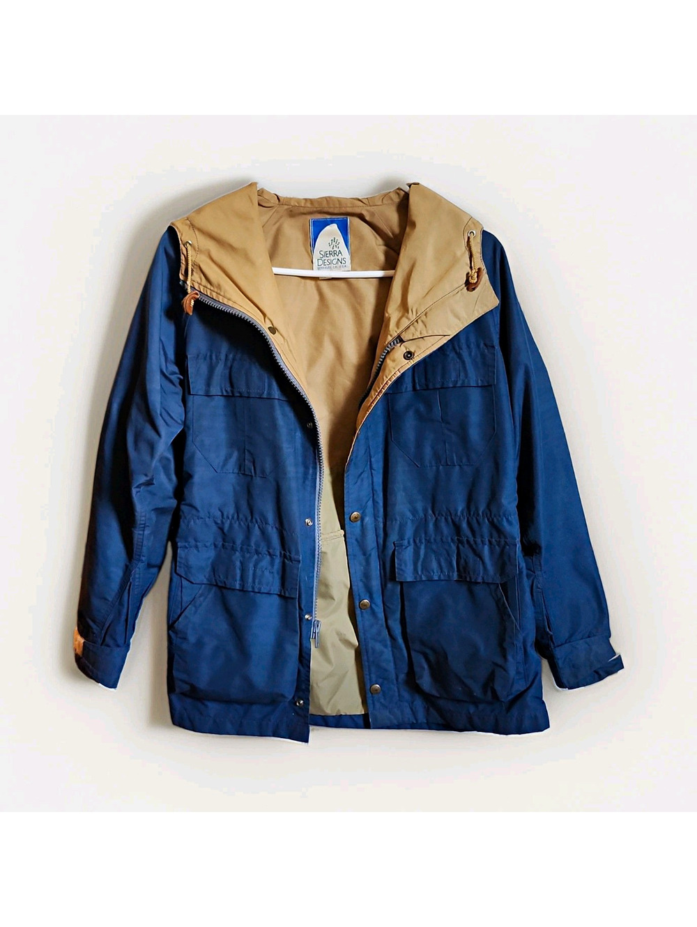 Sierra Designs Men's Vintage Hooded Parka Jacket Blue Tan Zip Snap Size XS